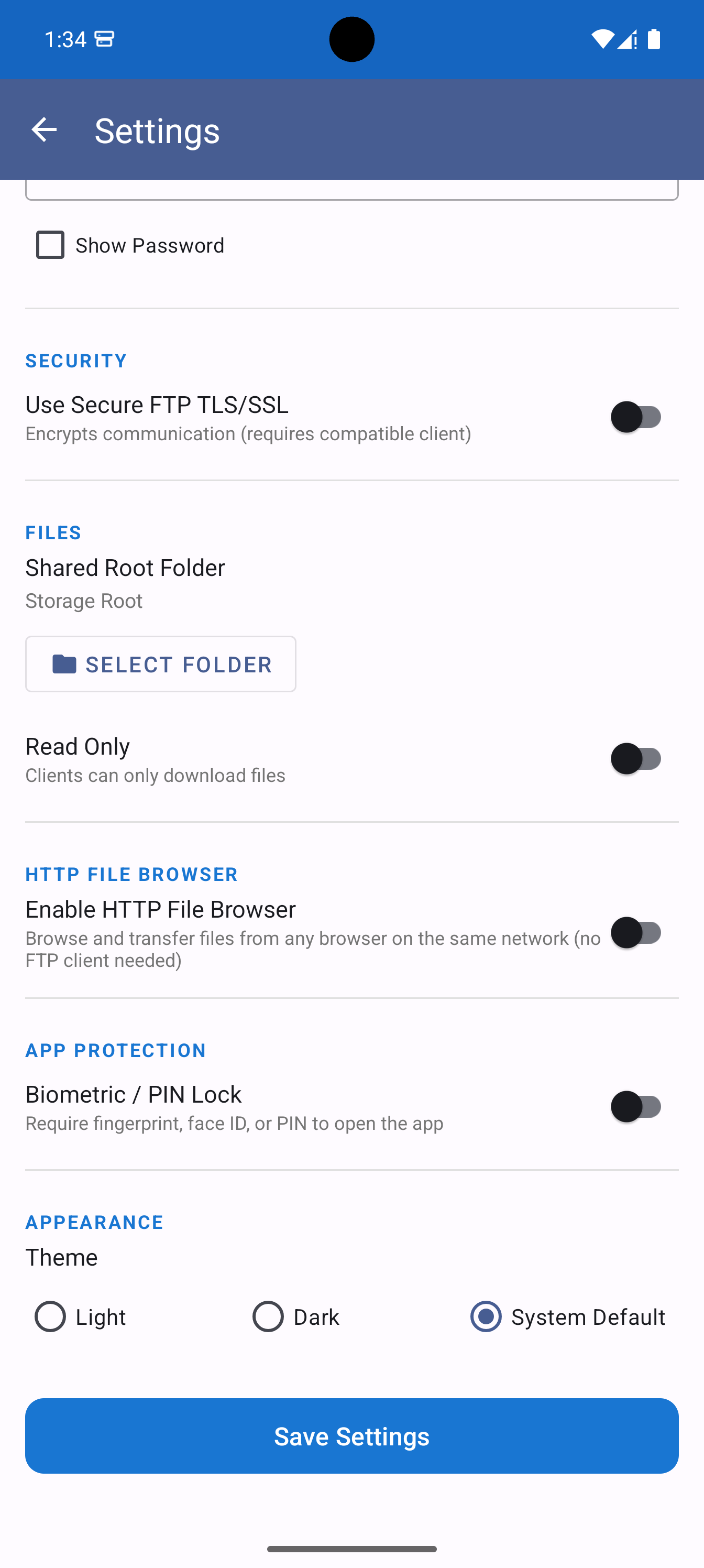 Settings — Security & Files